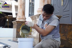 thi công sàn sỏi với keo Soniq